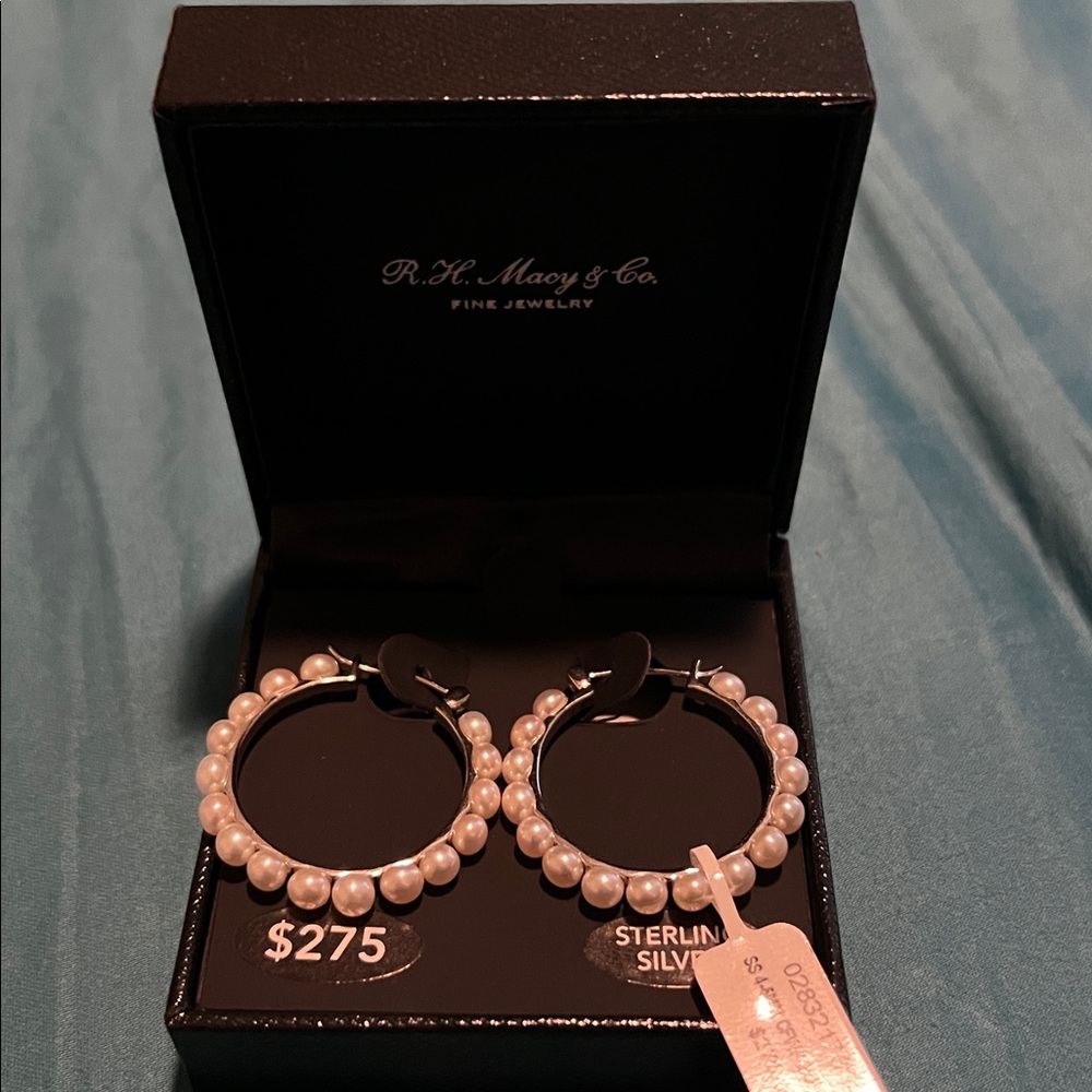 NWT R.H. Macy & Co. Sterling Silver Cultured Pearl Hoop Earrings 24mm